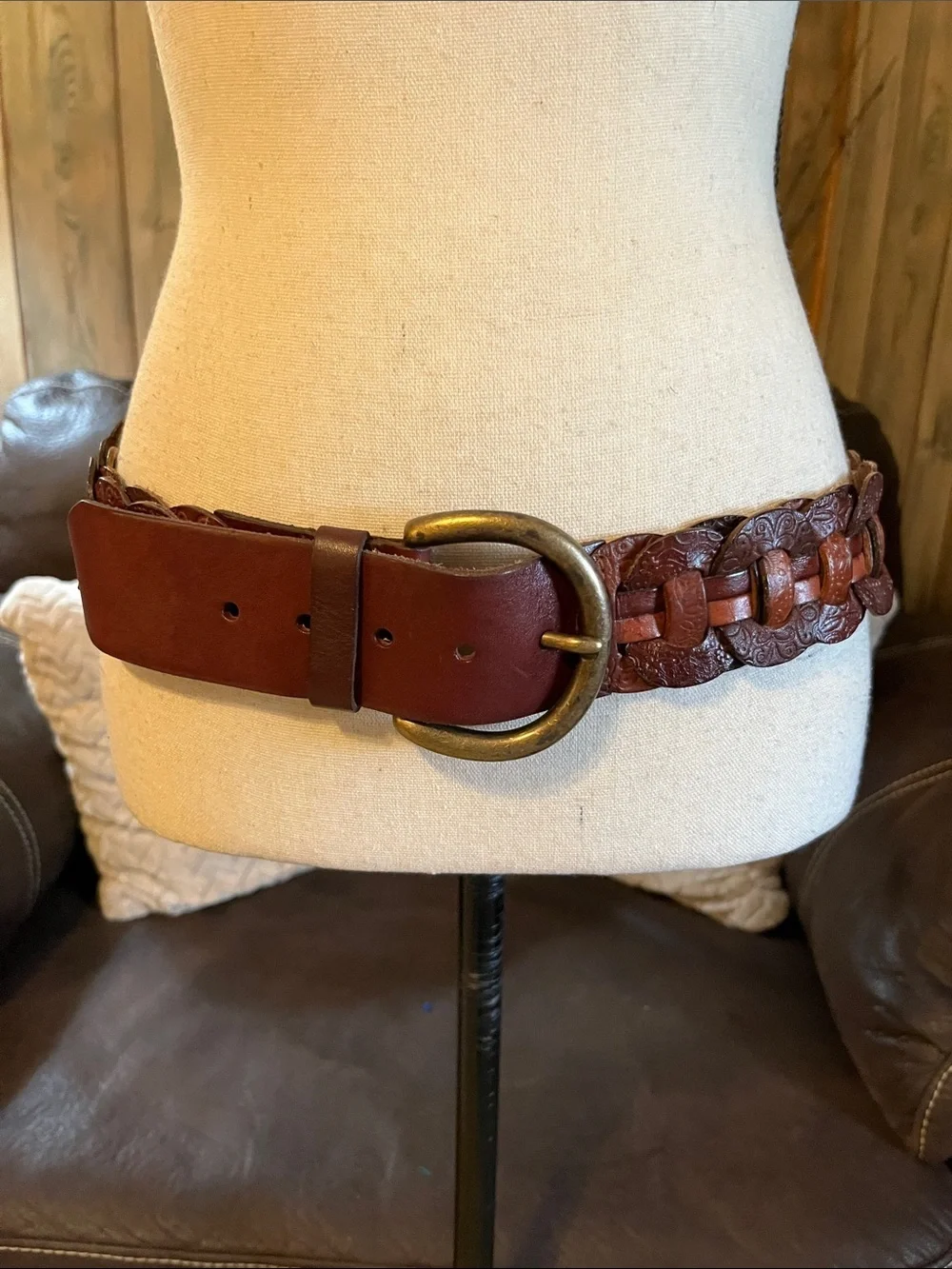 Fossil Tooled Chain Woven Belt Brown Leather Western Wide 2.75